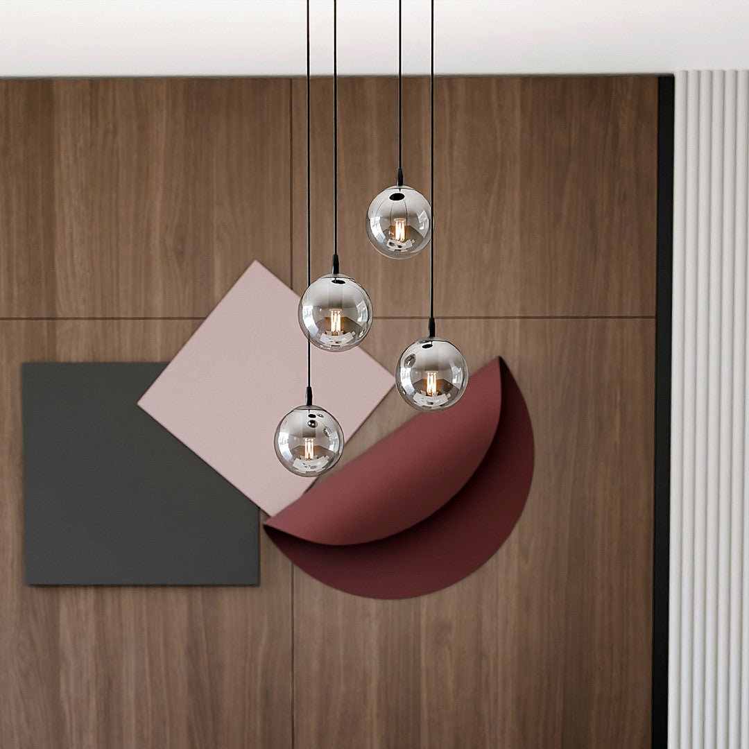 Hanglamp 4 lichts gepoedercoat staal en glas, Cosmo modern, zwart met grafiet glazen kappen Ø 14 cm, woonkamer en eetkamer