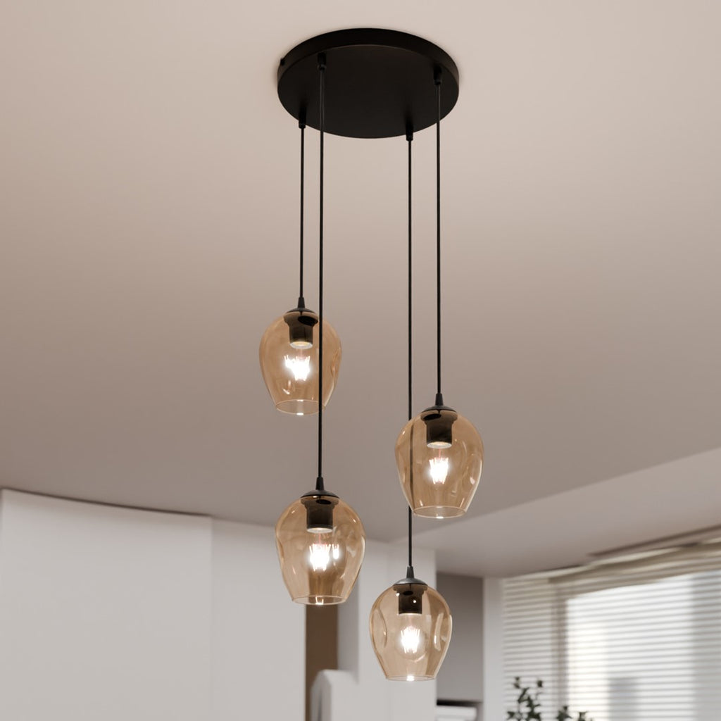 Hanglamp 4 lichtpunten gepoedercoat staal en glas Istar amberkleurig, zwart – 40 x 100 cm, E27