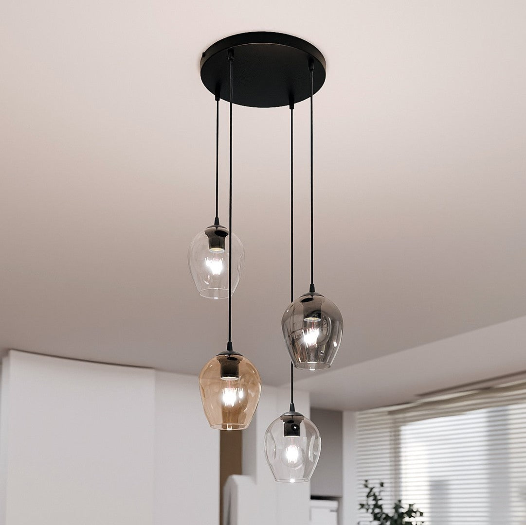 Hanglamp 4 lichts glas gepoedercoat staal modern, zwart met transparant, grafiet en amber kappen – Istar