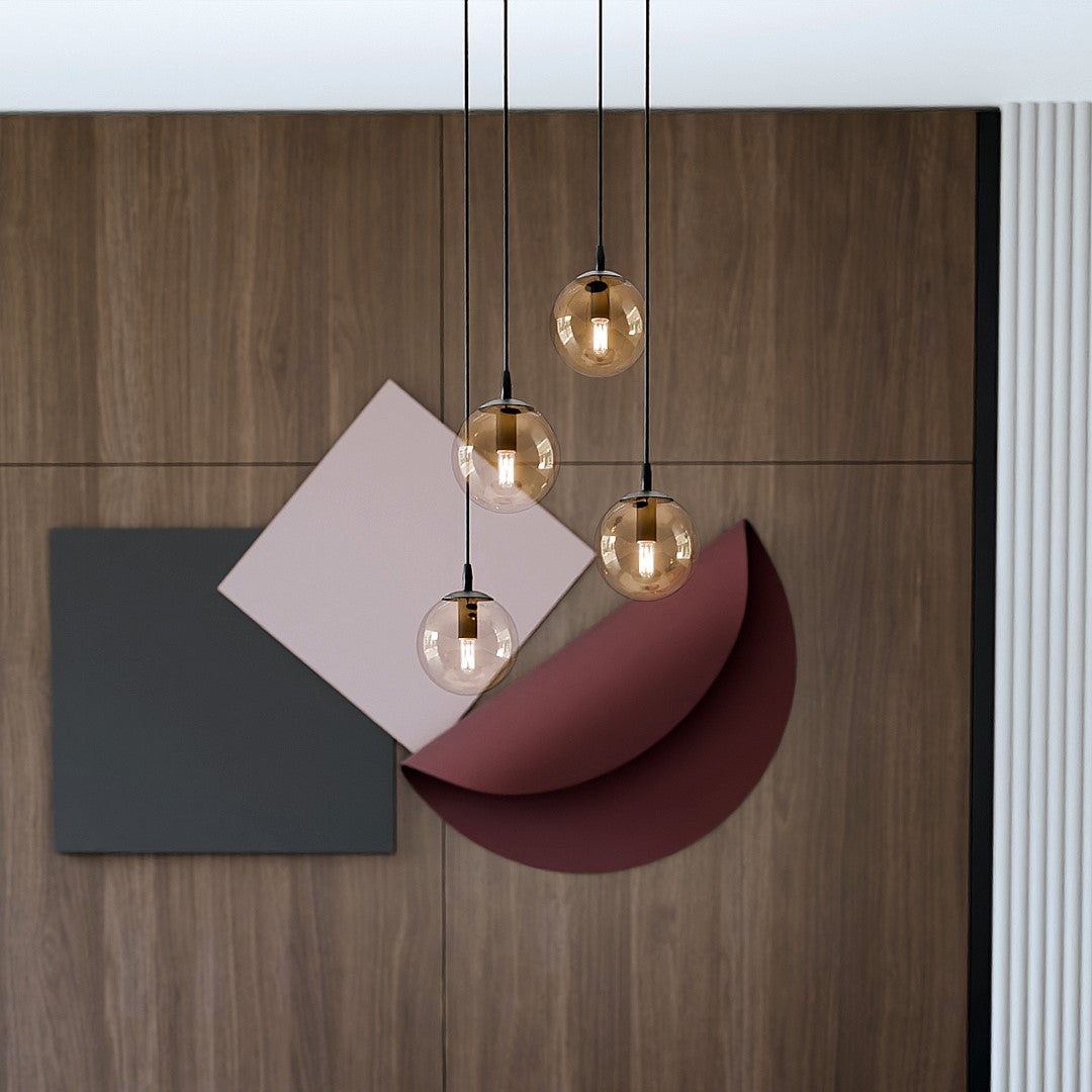 Hanglamp gepoedercoat staal en glas Cosmo, zwart met amberkleurige glazen kappen, 4 lichtpunten, Ø 14 cm kappen