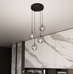 Hanglamp 4 lichts gepoedercoat staal en glas, Cosmo modern, zwart met grafiet glazen kappen Ø 14 cm, woonkamer en eetkamer