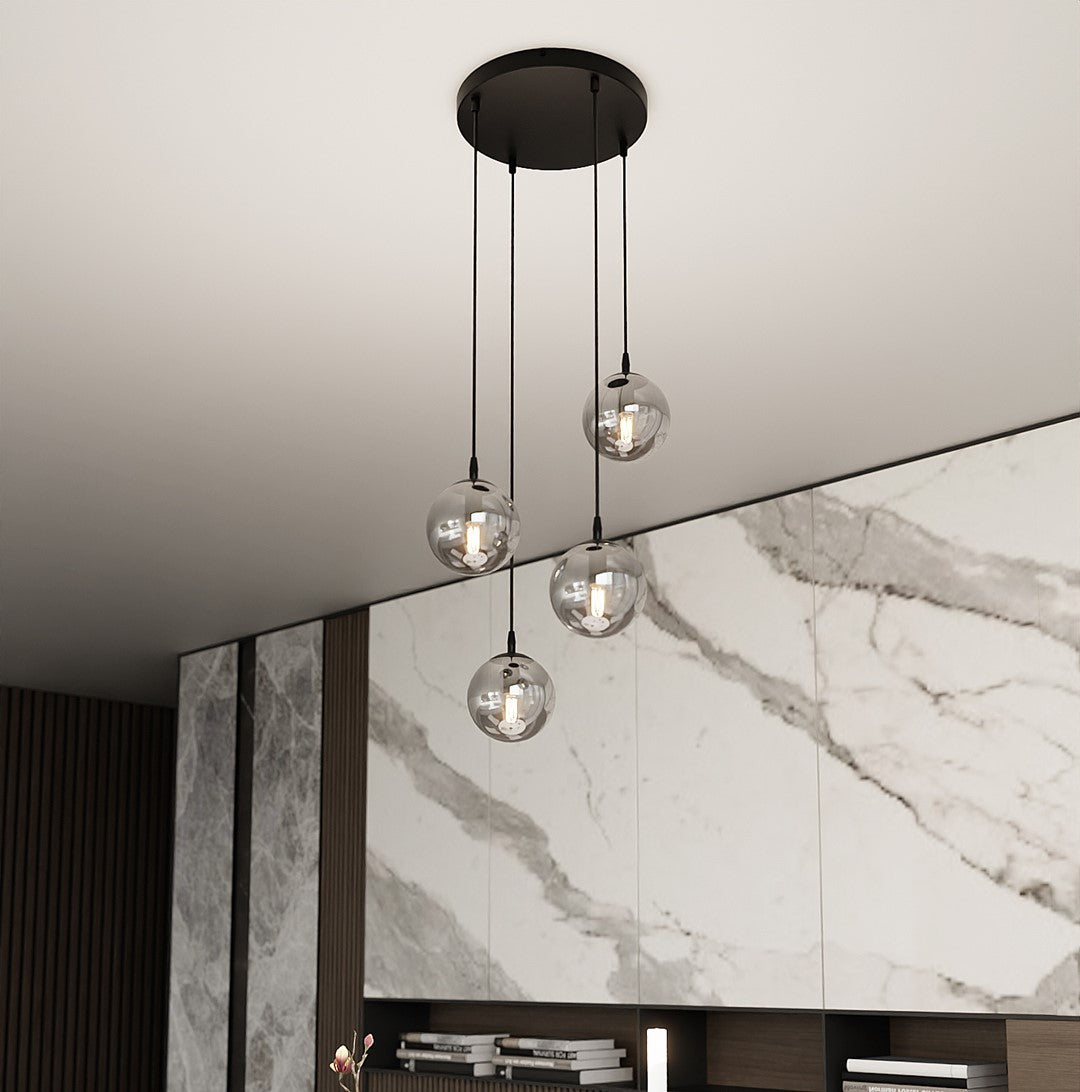 Hanglamp 4 lichts gepoedercoat staal en glas, Cosmo modern, zwart met grafiet glazen kappen Ø 14 cm, woonkamer en eetkamer