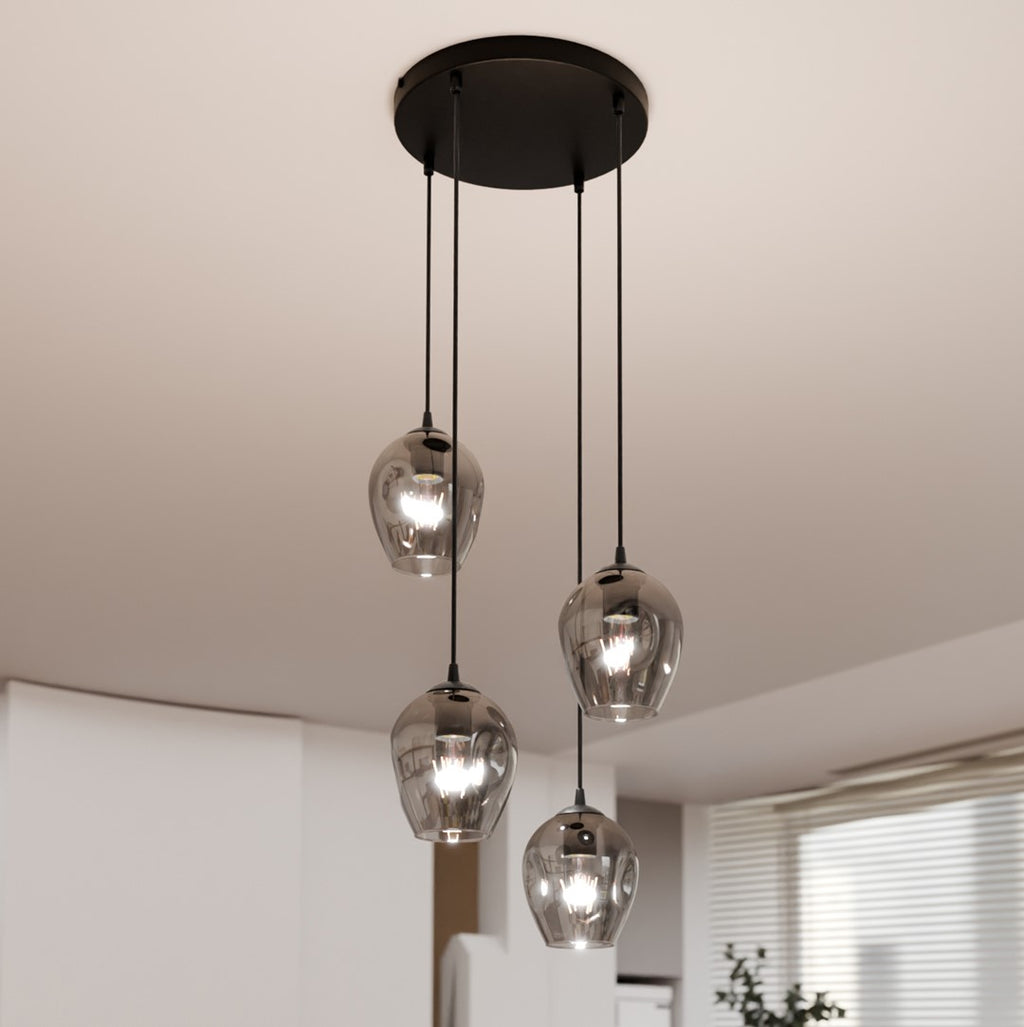 Hanglamp gepoedercoat staal en glas Istar, grafiet en zwart, 4 lichts, 40 x 100 cm, E27