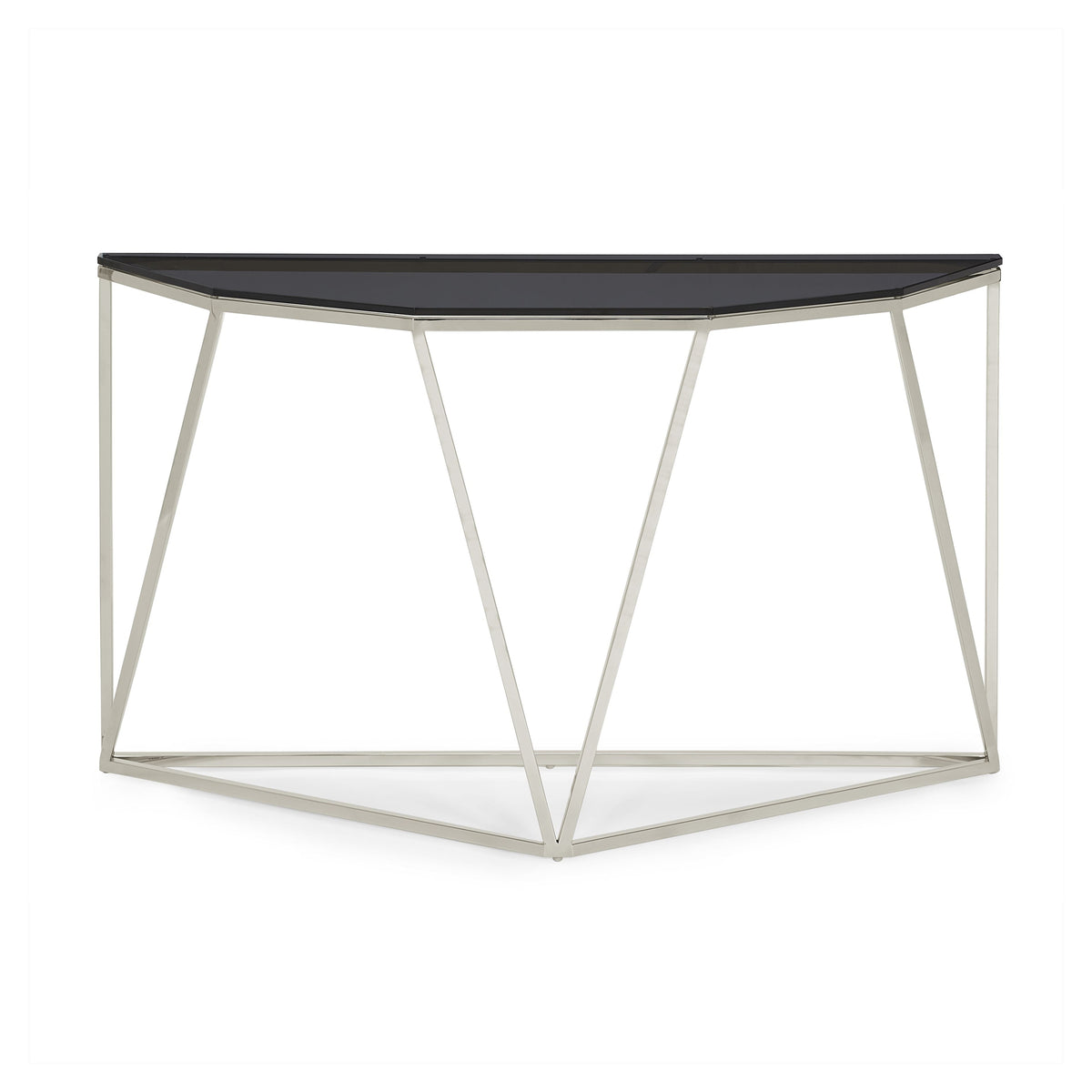 Consoletafel roestvrij staal en gerookt glas Aria, geometrisch onderstel, gepolijst – hal of woonkamer