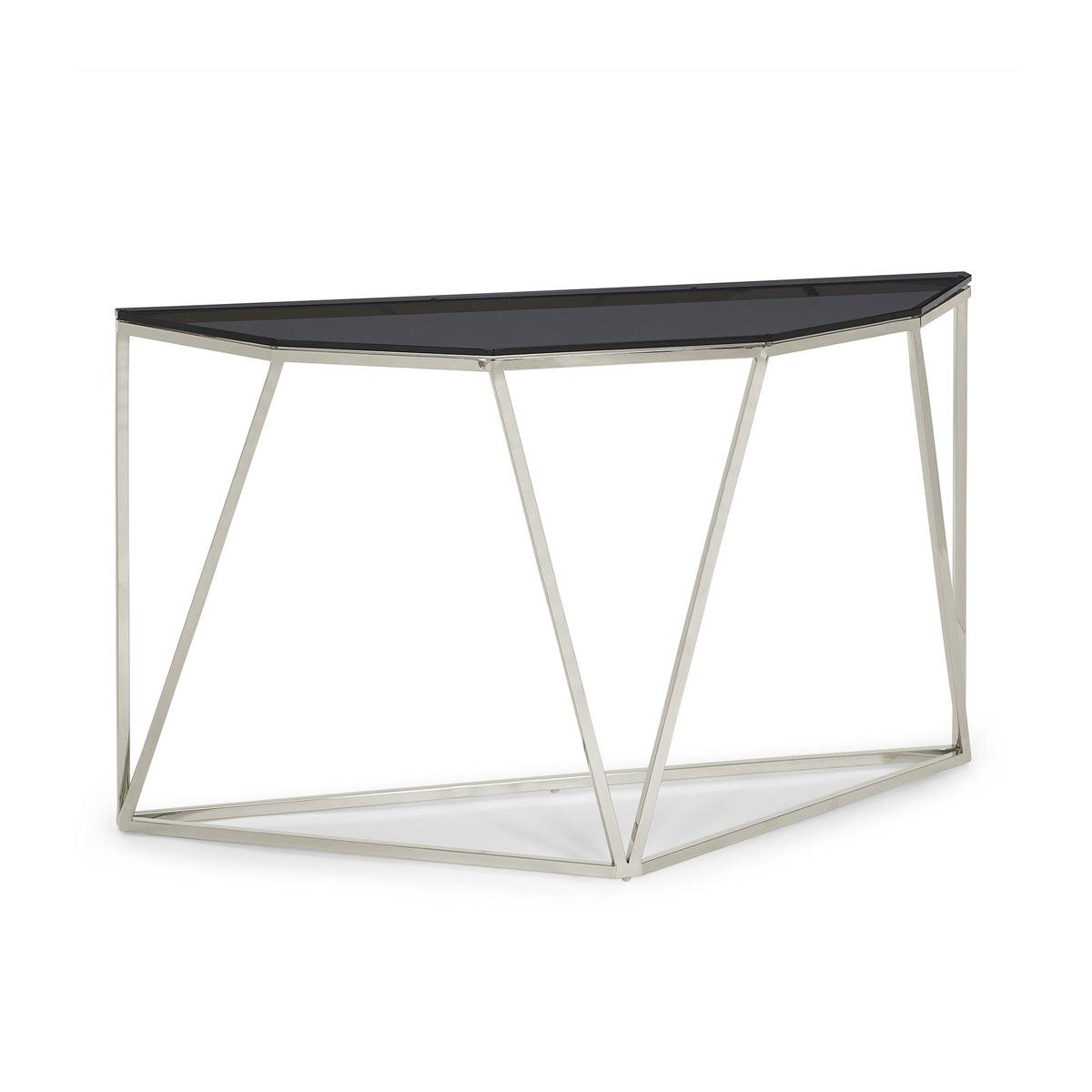 Consoletafel roestvrij staal en gerookt glas Aria, geometrisch onderstel, gepolijst – hal of woonkamer