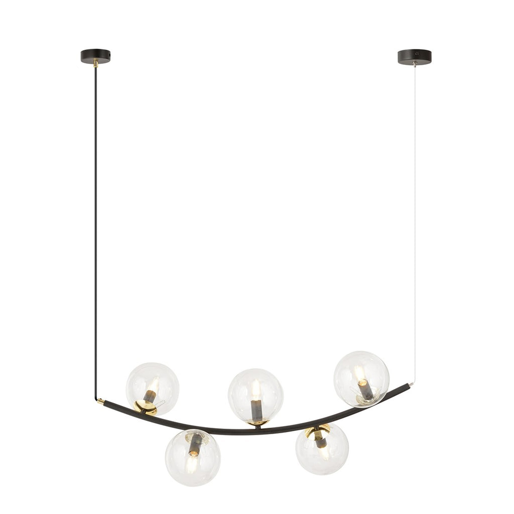 Zwarte hanglamp met gebogen stalen arm en vijf transparante glazen bollen met gouden details