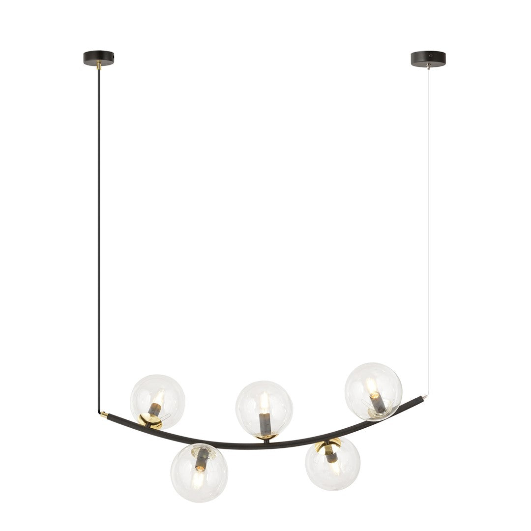 Zwarte hanglamp met gebogen stalen arm en vijf transparante glazen bollen met gouden details