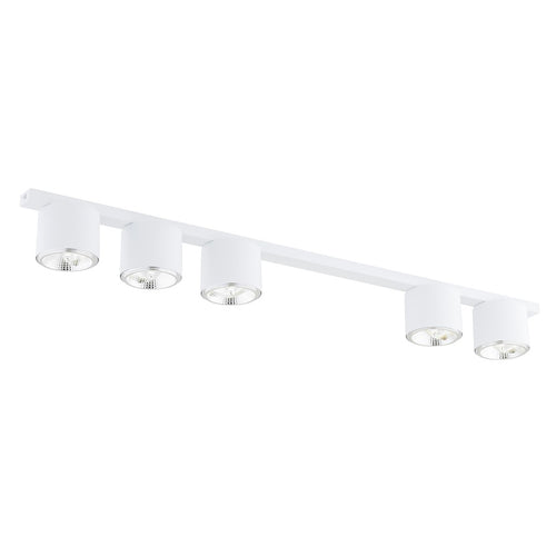 Witte plafondlamp met vijf cilindervormige spots op een lange smalle balk