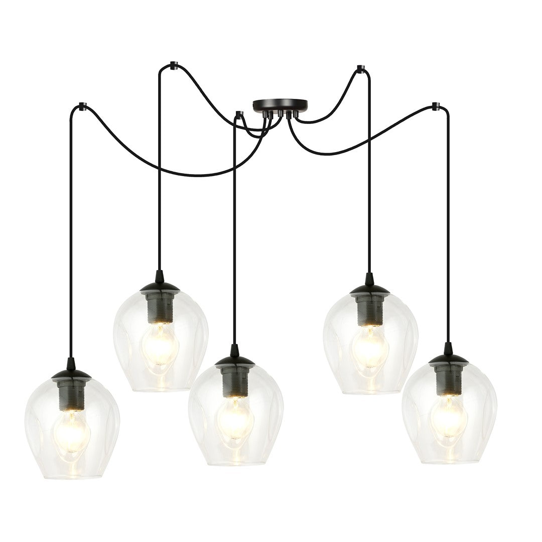 Zwarte hanglamp met vijf lange snoeren en transparante glazen kappen met zichtbare lampen