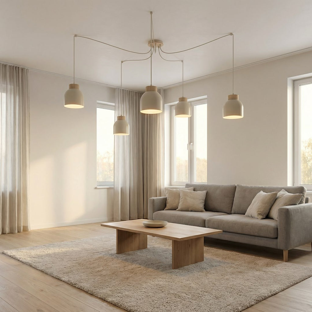 Hanglamp 5 lichts gepoedercoat staal en hout Kru Scandinavisch, beige, hoogte verstelbaar, spider-ophanging