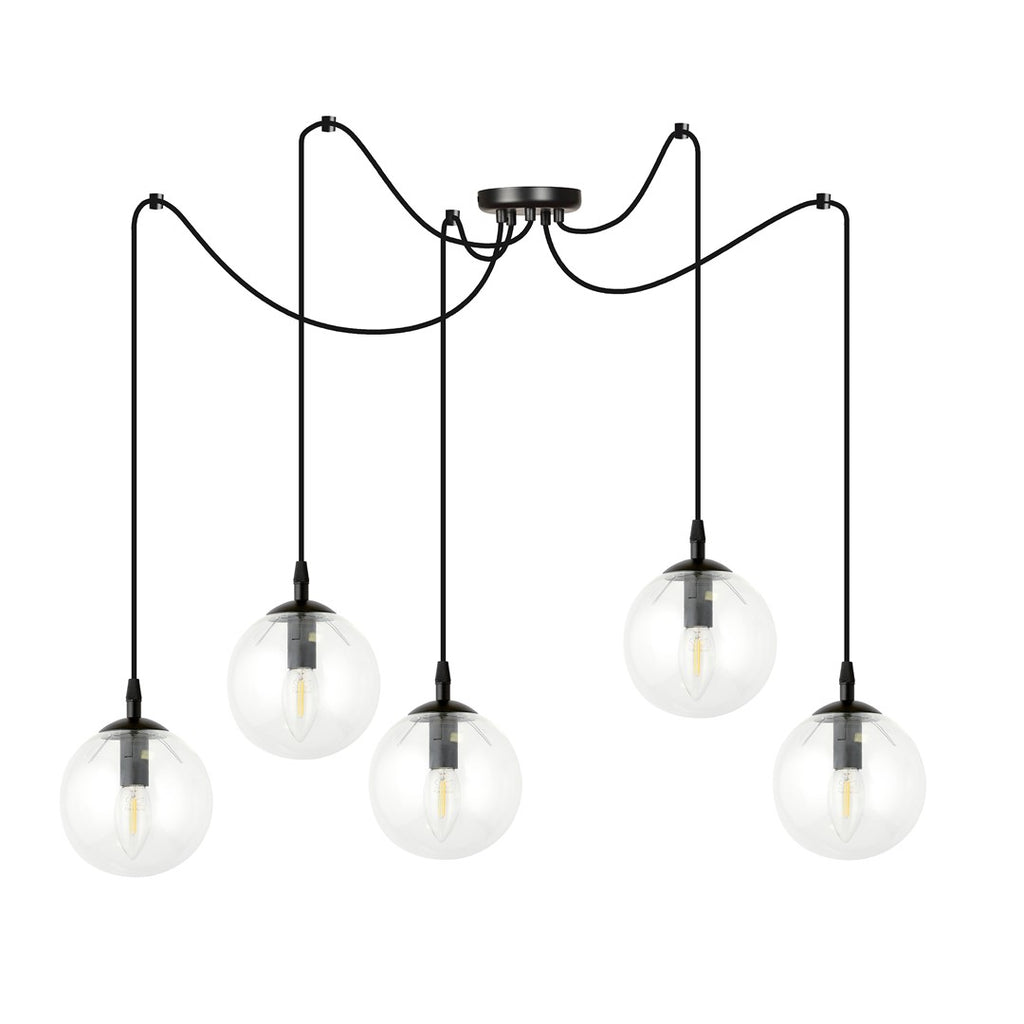 Hanglamp 5 lichts gepoedercoat staal en glas, modern, zwart met transparante kappen Ø 14 cm