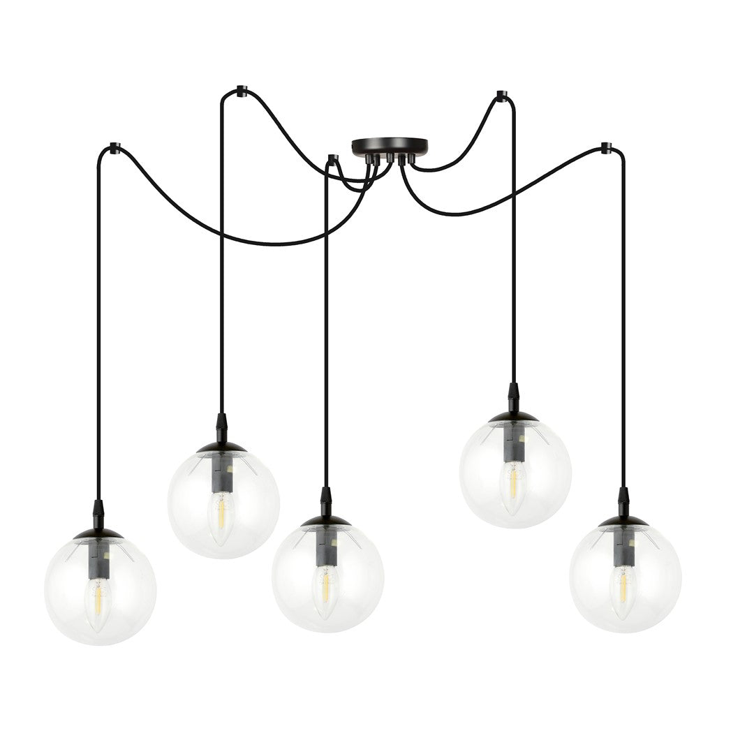 Hanglamp 5 lichts gepoedercoat staal en glas, modern, zwart met transparante kappen Ø 14 cm