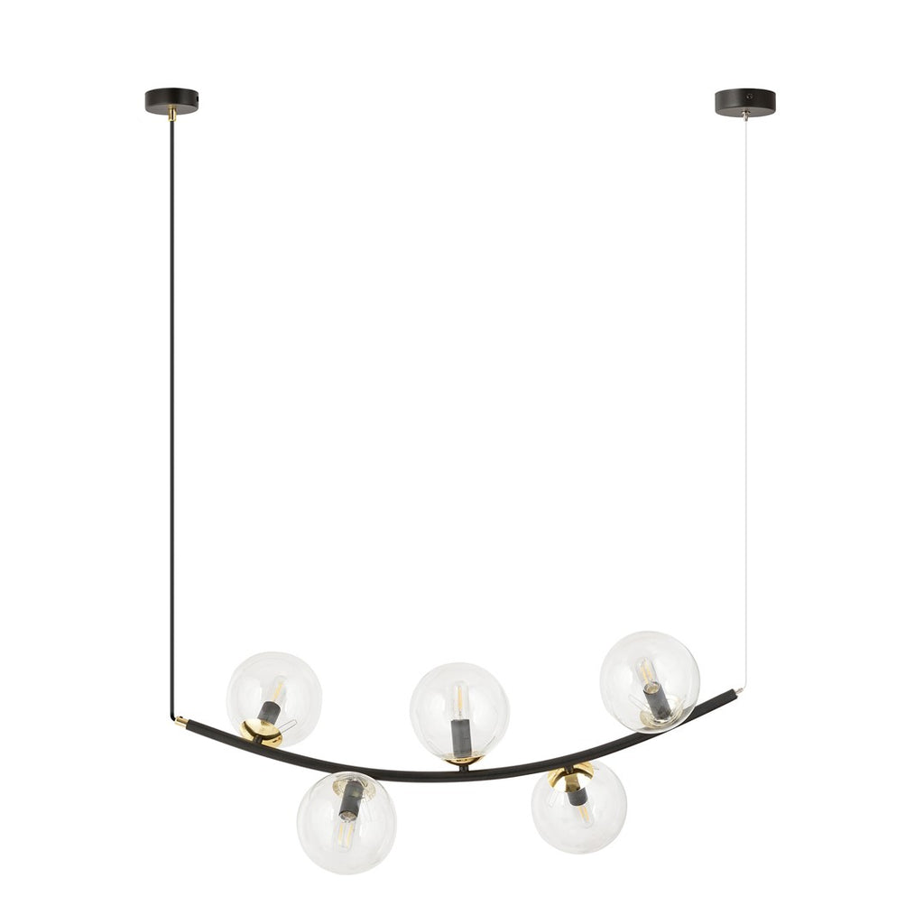 Hanglamp gepoedercoat staal en glas Ritz retro zwart met goud, 5 transparante glazen kappen, 80 x 100 cm