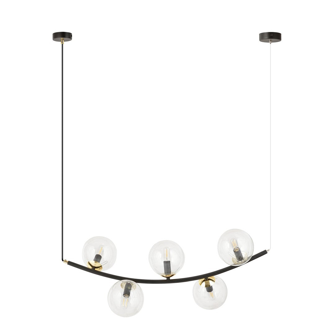 Hanglamp gepoedercoat staal en glas Ritz retro zwart met goud, 5 transparante glazen kappen, 80 x 100 cm