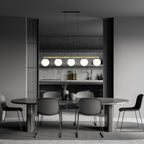 Hanglamp gepoedercoat staal en glas Allora 5 lichts, wit met zwart en goud, 105 cm breed, eetkamer