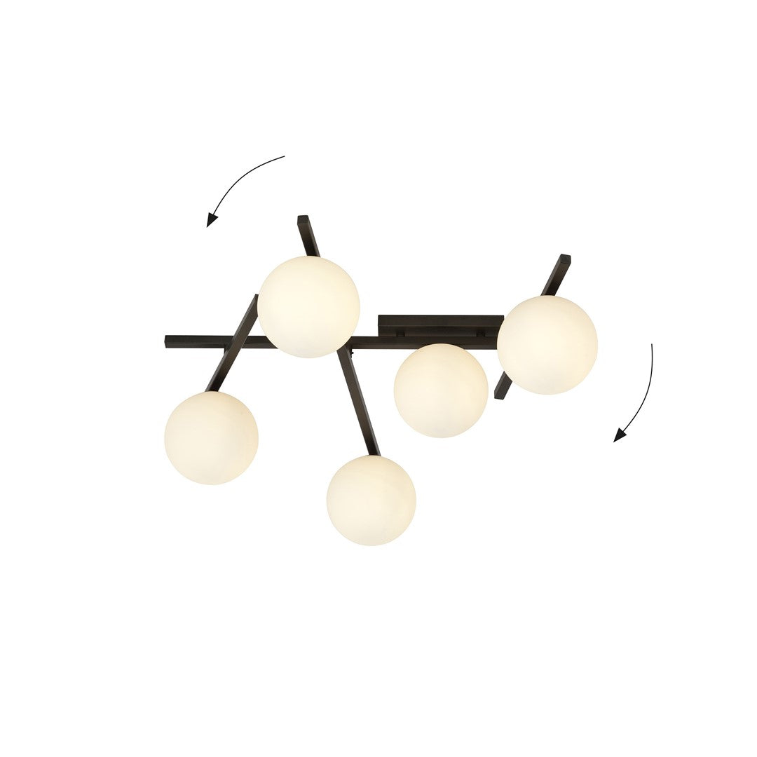 Plafondlamp gepoedercoat staal en glas Smart modern zwart met witte kappen, 67 x 25 cm, 5 fittingen