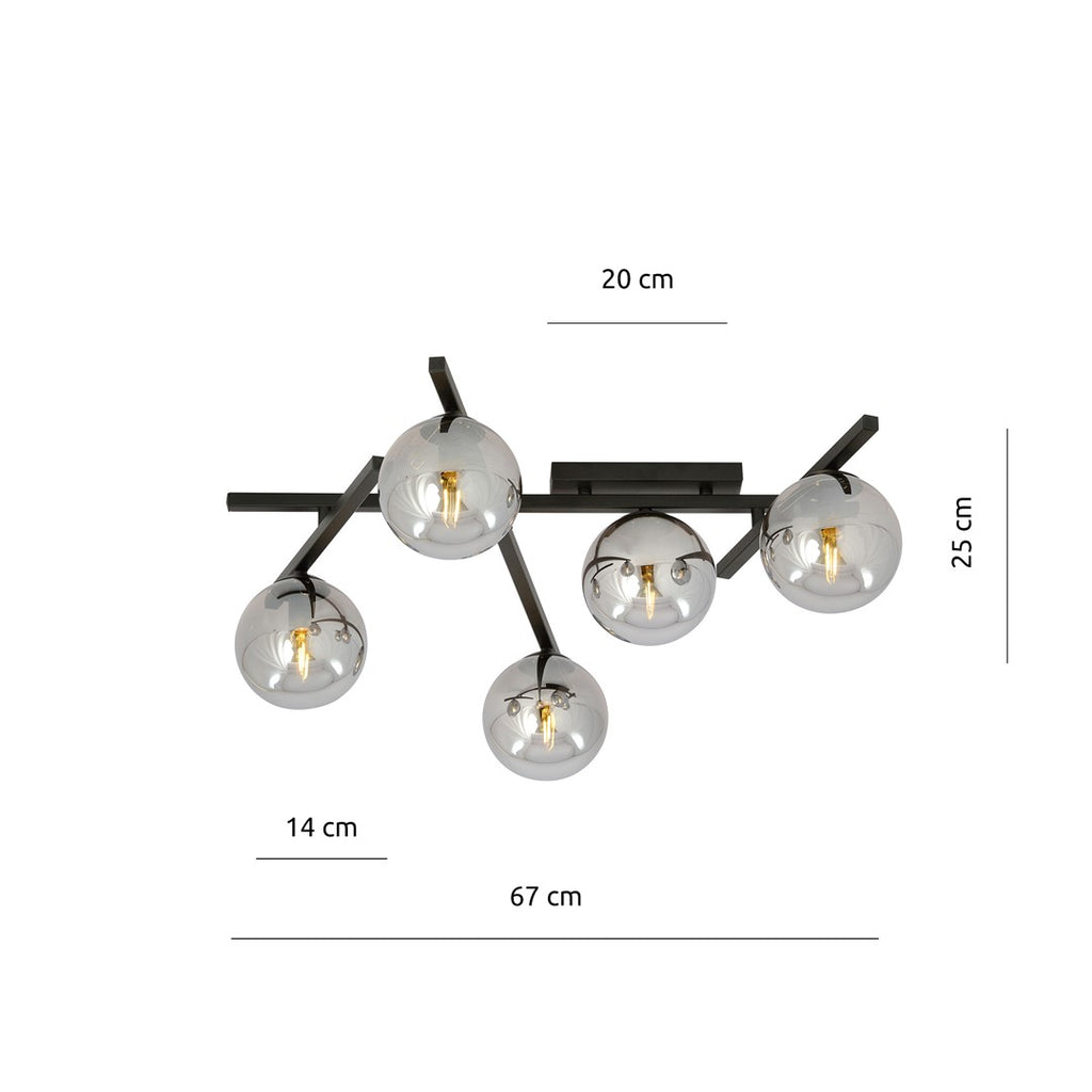 Plafondlamp staal Smart 5 modern zwart met grafiet glazen kappen, 67 cm breed, 5 x E14