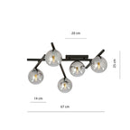 Plafondlamp staal Smart 5 modern zwart met grafiet glazen kappen, 67 cm breed, 5 x E14