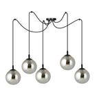 Hanglamp gepoedercoat staal en glas Gigi, zwart met grafiet glazen kappen, 5 lichts, Ø 14 cm kappen