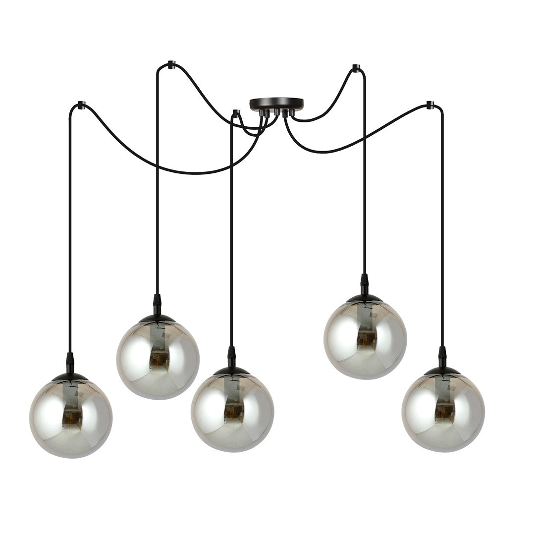 Hanglamp gepoedercoat staal en glas Gigi, zwart met grafiet glazen kappen, 5 lichts, Ø 14 cm kappen