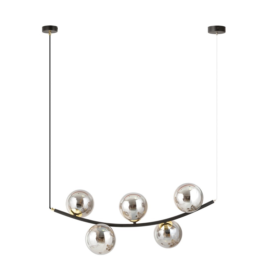 Hanglamp gepoedercoat staal en glas Ritz, zwart met grafiet kappen, 5 lichtpunten E14, 80 x 100 cm