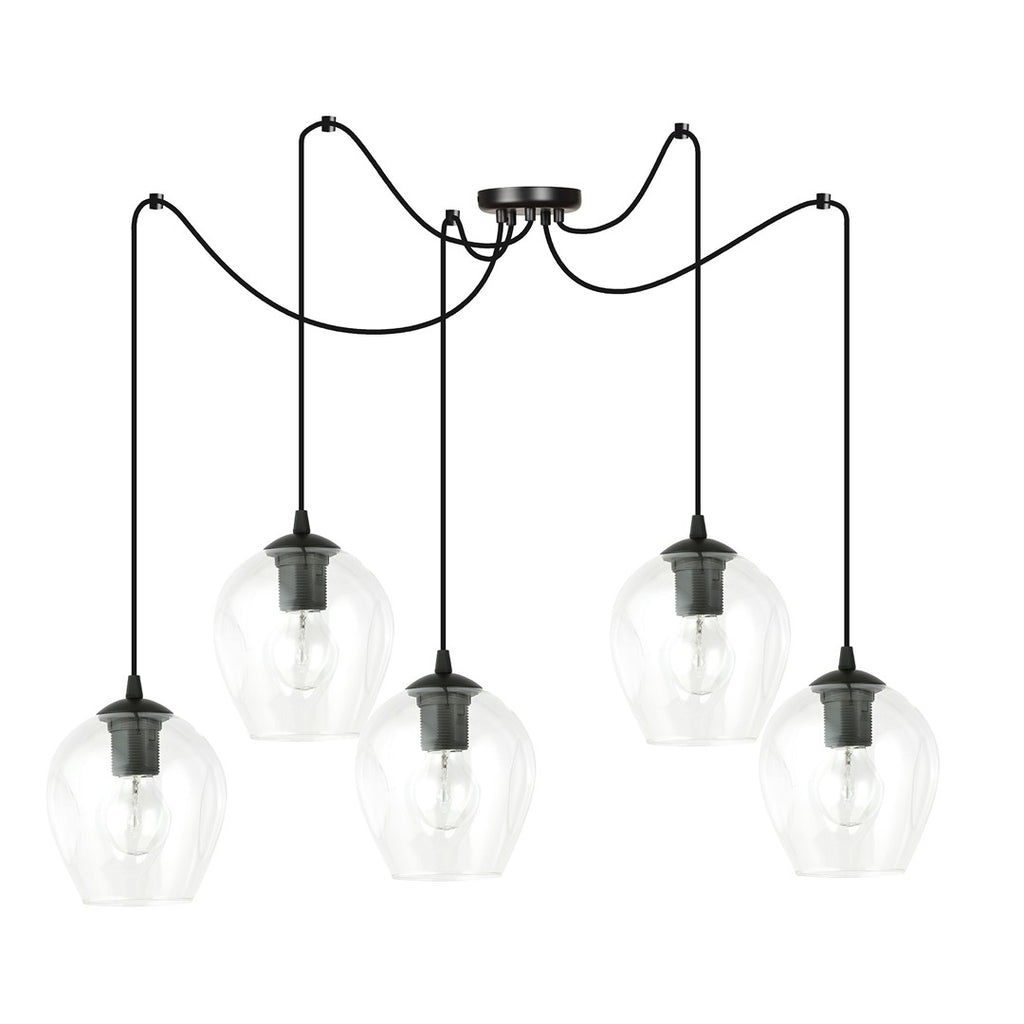 Hanglamp 5 lichts gepoedercoat staal en glas, modern, zwart met transparante kappen, kappen Ø 14 cm