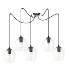 Hanglamp 5 lichts gepoedercoat staal en glas, modern, zwart met transparante kappen, kappen Ø 14 cm