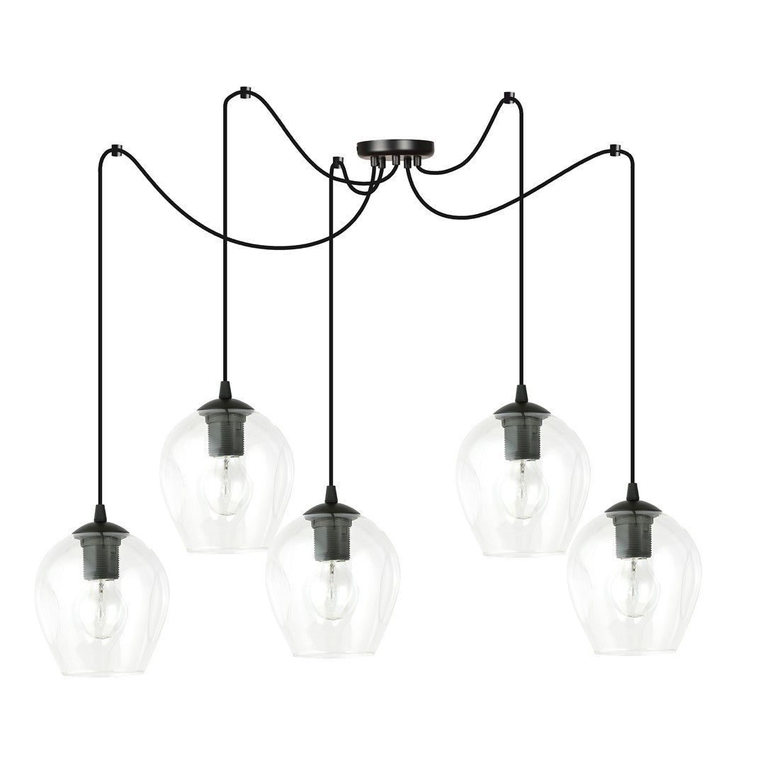 Hanglamp 5 lichts gepoedercoat staal en glas, modern, zwart met transparante kappen, kappen Ø 14 cm