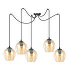 Hanglamp 5 lichts gepoedercoat staal en glas, modern, zwart met amberkleurige glazen kappen Ø 14 cm, verstelbaar