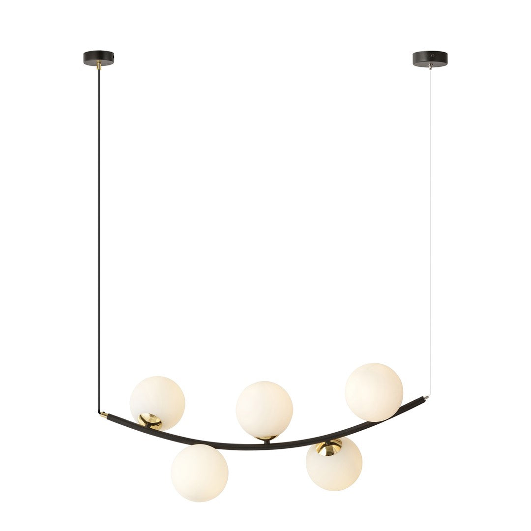 Hanglamp gepoedercoat staal en glas Ritz retro zwart met gouden details, 5 lichtpunten, 80 cm breed