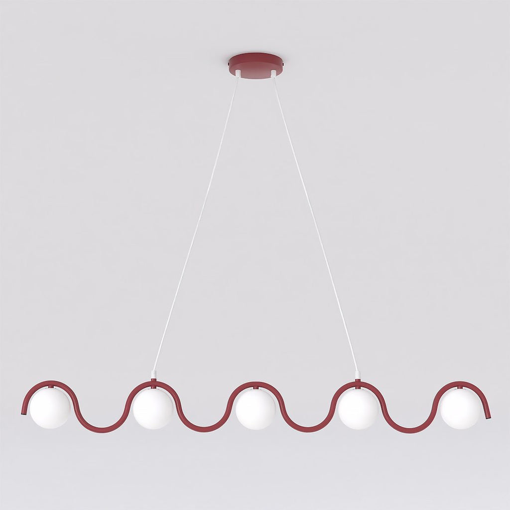 Hanglamp gepoedercoat staal en glas Sinus, bordeaux met witte glazen kappen, 5 lichtpunten, 110 cm, eettafel