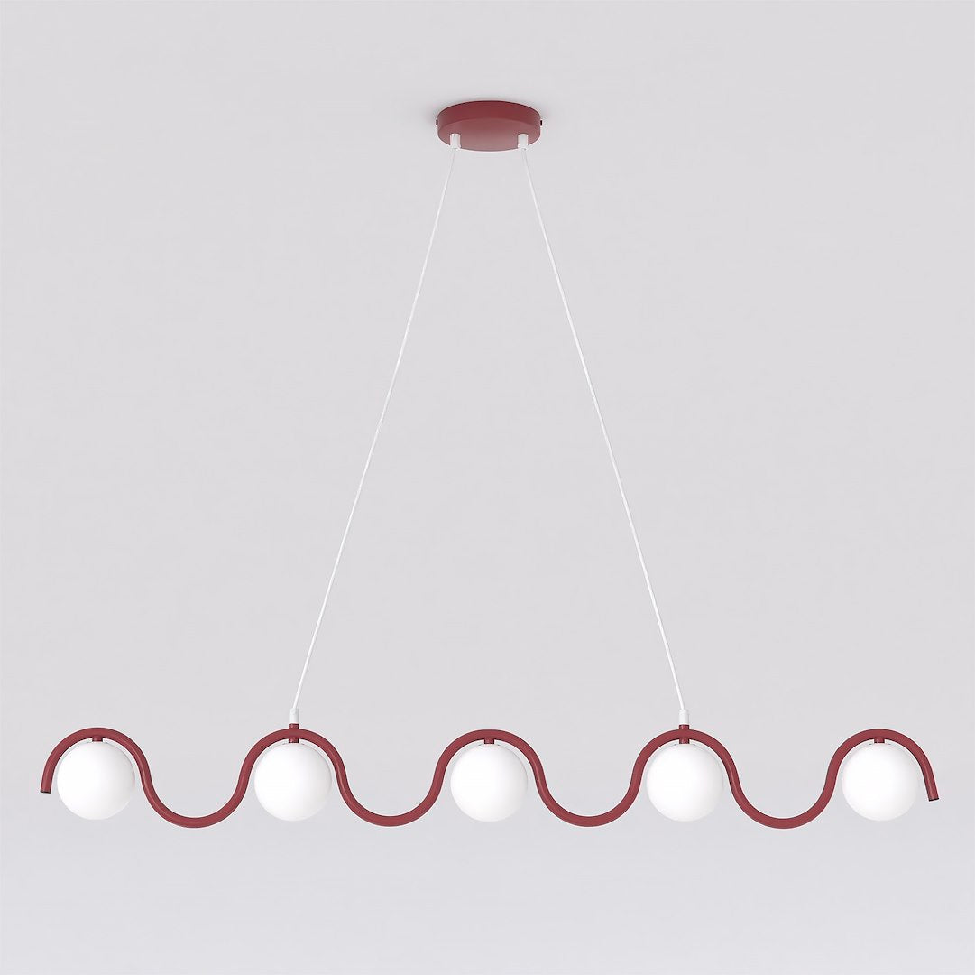 Hanglamp gepoedercoat staal en glas Sinus, bordeaux met witte glazen kappen, 5 lichtpunten, 110 cm, eettafel
