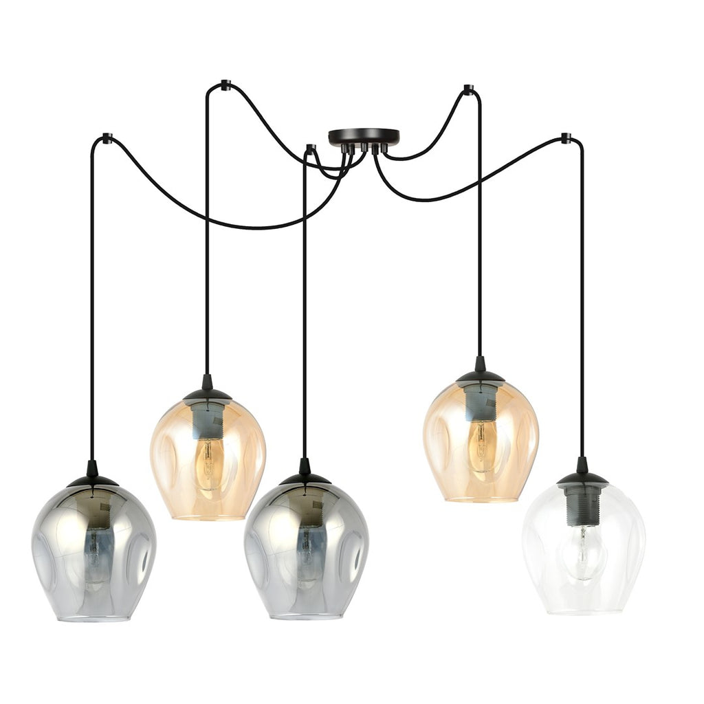 Hanglamp 5 lichts gepoedercoat staal en glas, modern, zwart met transparant, grafiet en amber glazen kappen Ø 14 cm