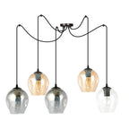Hanglamp 5 lichts gepoedercoat staal en glas, modern, zwart met transparant, grafiet en amber glazen kappen Ø 14 cm
