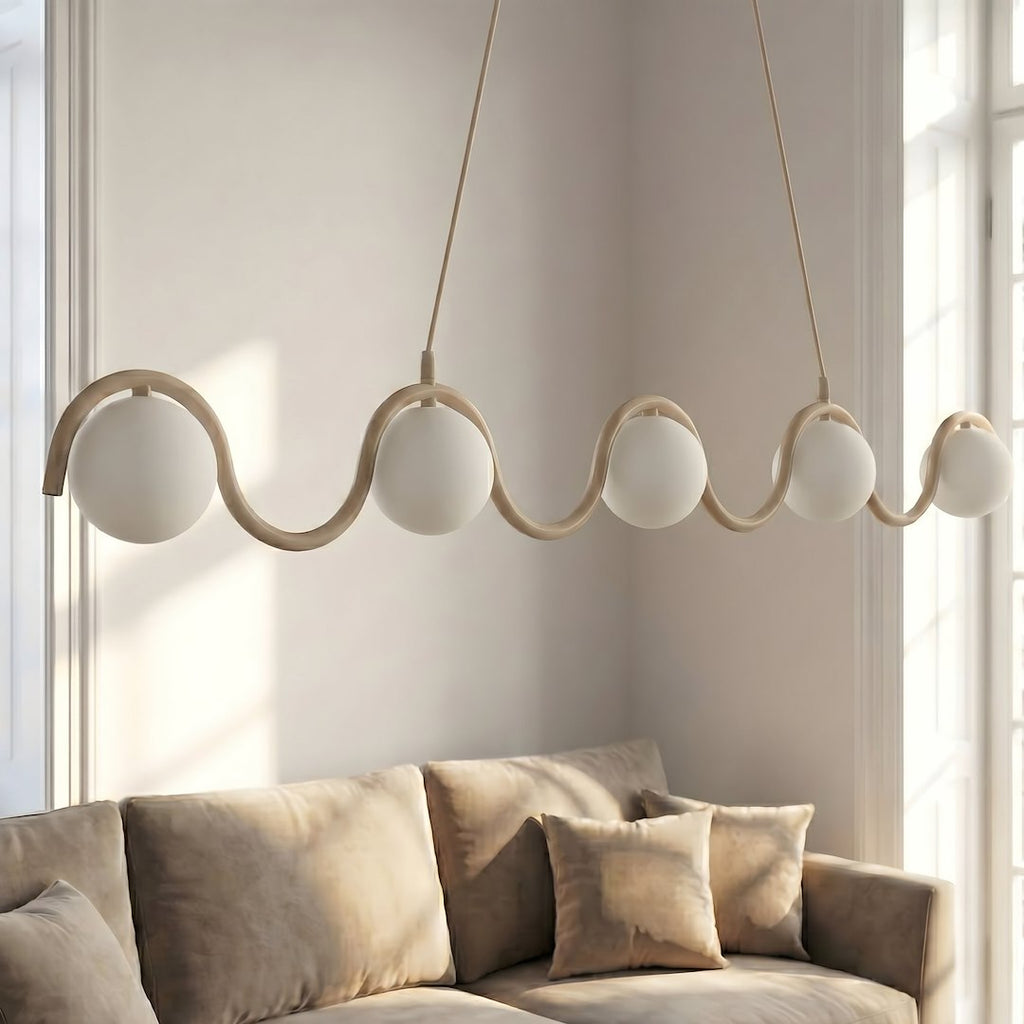Hanglamp Sinus gepoedercoat staal en glas, modern, beige met witte kap, 5 lichtpunten, 110 cm, eettafel
