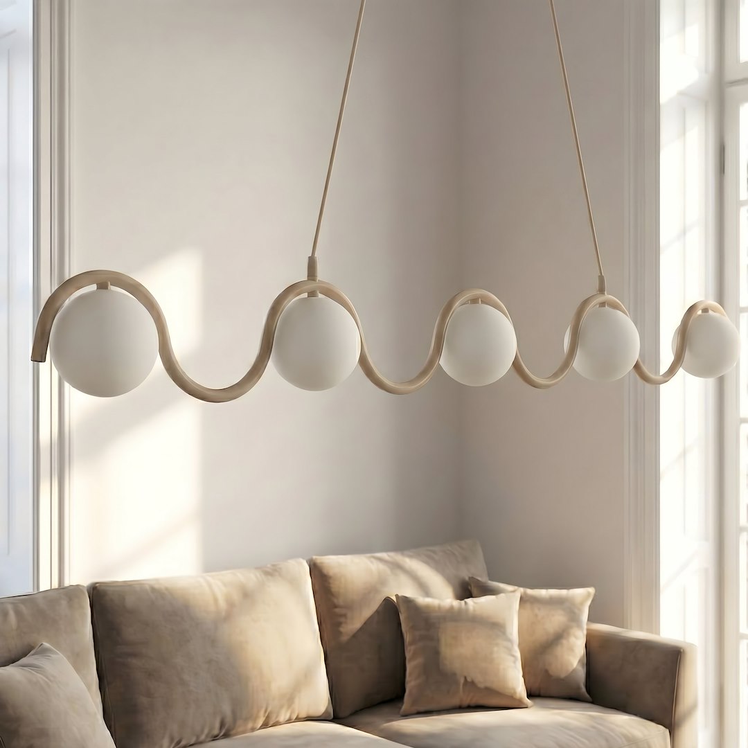 Hanglamp Sinus gepoedercoat staal en glas, modern, beige met witte kap, 5 lichtpunten, 110 cm, eettafel