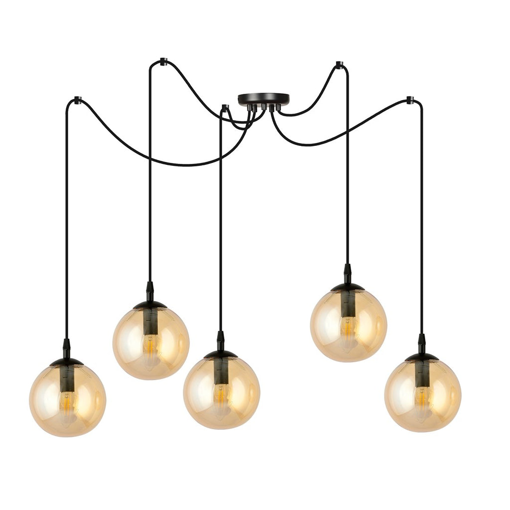 Hanglamp 5 lichtpunten gepoedercoat staal en glas, modern, zwart met amberkleurige glazen kappen Ø 14 cm