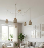 Hanglamp 5 lichts gepoedercoat staal en hout Kru Scandinavisch, beige, hoogte verstelbaar, spider-ophanging