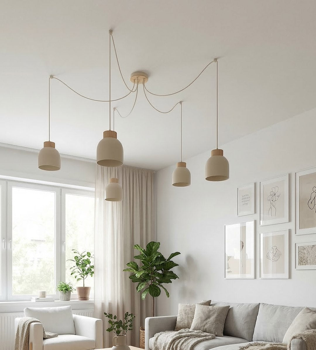 Hanglamp 5 lichts gepoedercoat staal en hout Kru Scandinavisch, beige, hoogte verstelbaar, spider-ophanging