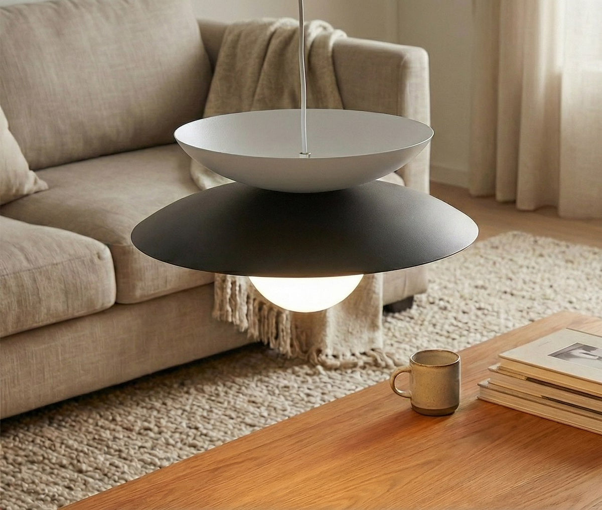 Hanglamp gepoedercoat staal en glas Nagoya, zwart en wit, Ø 41 cm, verstelbare hoogte, G9 led, eettafel en slaapkamer