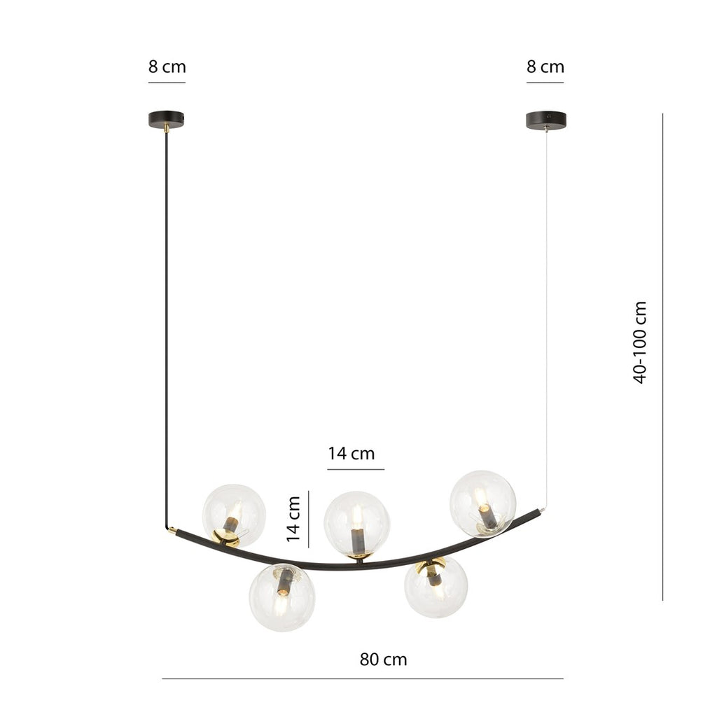 Hanglamp gepoedercoat staal en glas Ritz retro zwart met goud, 5 transparante glazen kappen, 80 x 100 cm