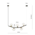 Hanglamp gepoedercoat staal en glas Ritz retro zwart met goud, 5 transparante glazen kappen, 80 x 100 cm