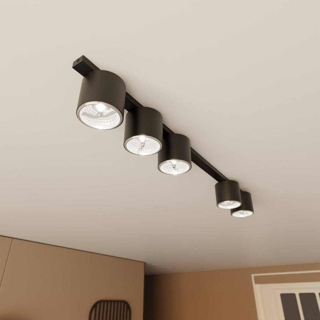 Plafondlamp zwart gepoedercoat staal minimalistisch Nano, 5 spots, 116 cm breed, voor woonkamer of hal