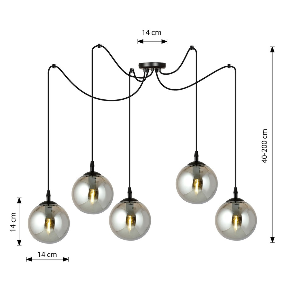 Hanglamp gepoedercoat staal en glas Gigi, zwart met grafiet glazen kappen, 5 lichts, Ø 14 cm kappen