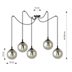 Hanglamp gepoedercoat staal en glas Gigi, zwart met grafiet glazen kappen, 5 lichts, Ø 14 cm kappen