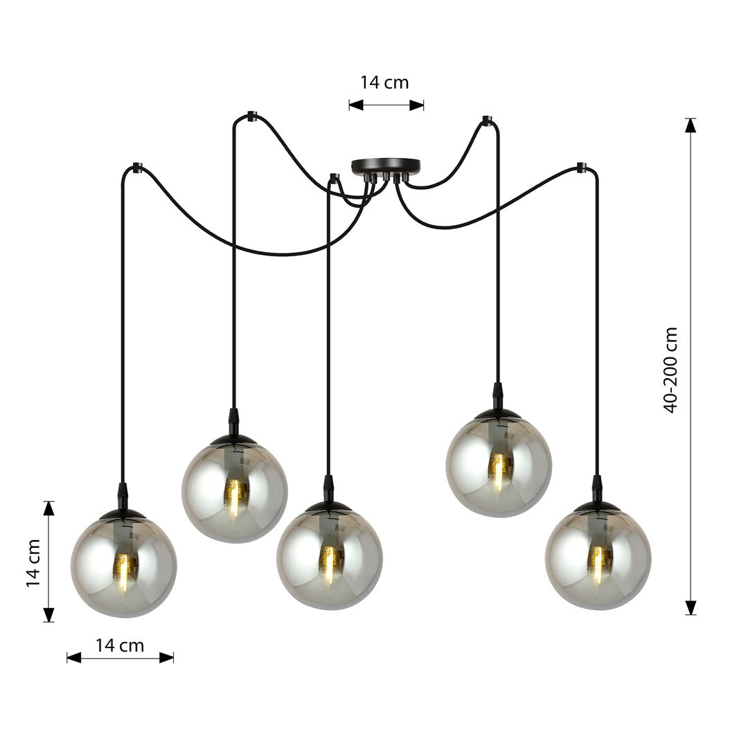 Hanglamp gepoedercoat staal en glas Gigi, zwart met grafiet glazen kappen, 5 lichts, Ø 14 cm kappen