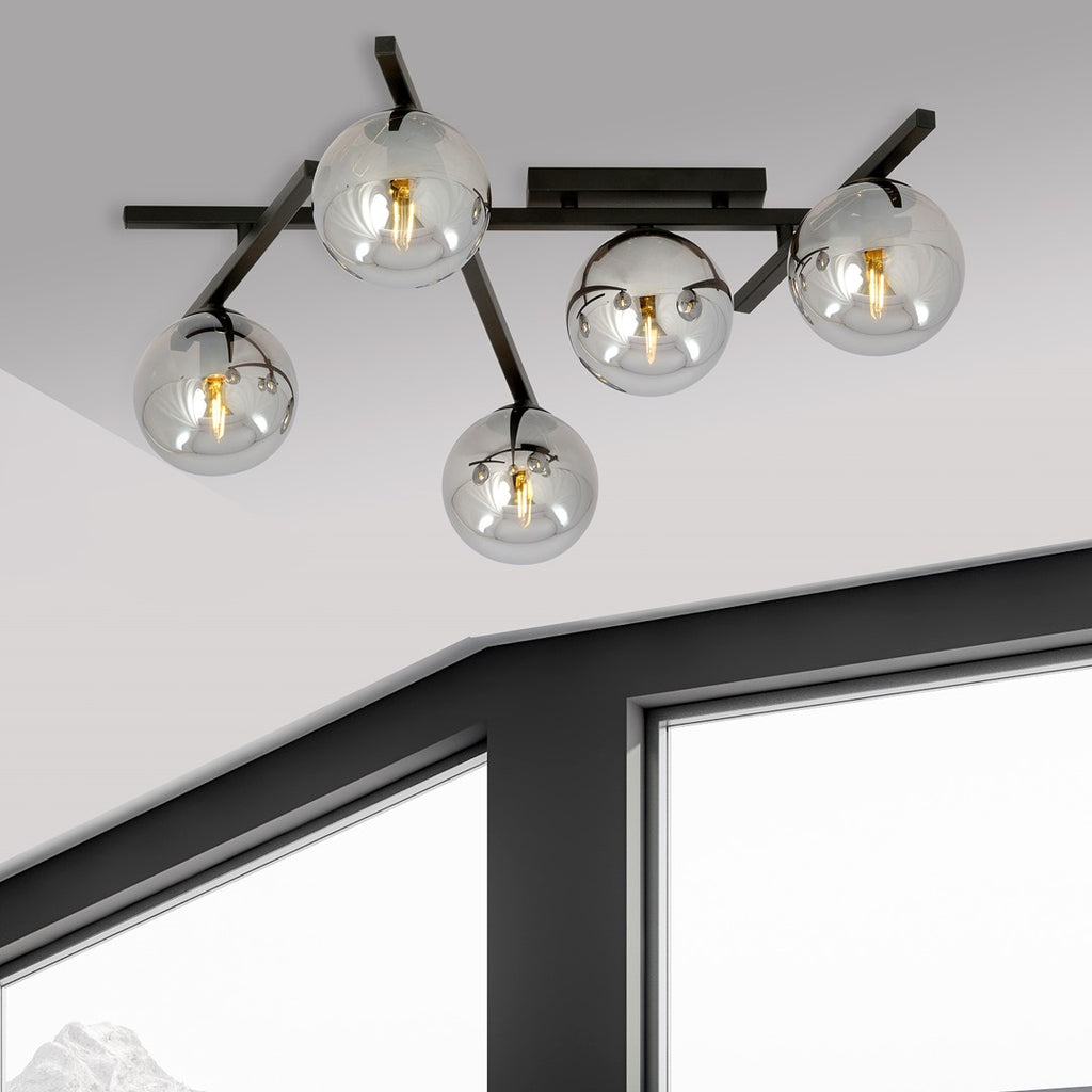Plafondlamp staal Smart 5 modern zwart met grafiet glazen kappen, 67 cm breed, 5 x E14