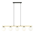 Hanglamp gepoedercoat staal en glas Allora 5 lichts, wit met zwart en goud, 105 cm breed, eetkamer