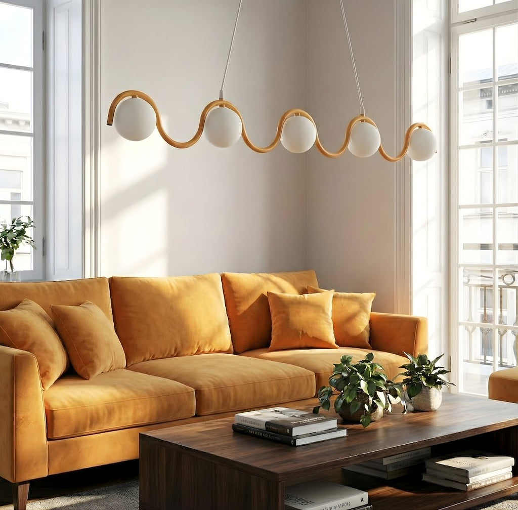 Hanglamp gepoedercoat staal en glas Sinus 5 lichtpunten, oranje met witte kappen, 110 cm, eettafel