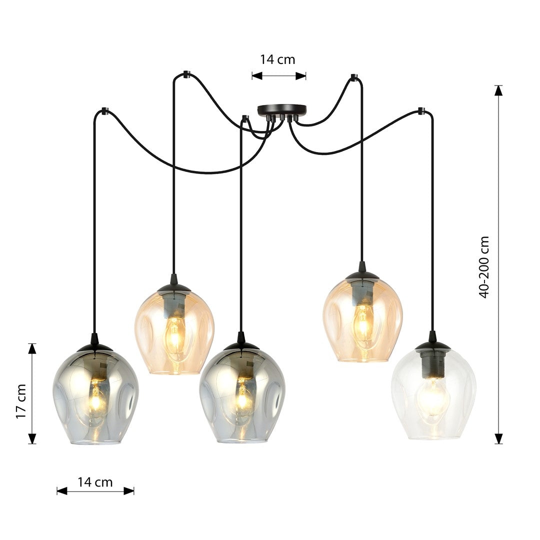 Hanglamp 5 lichts gepoedercoat staal en glas, modern, zwart met transparant, grafiet en amber glazen kappen Ø 14 cm
